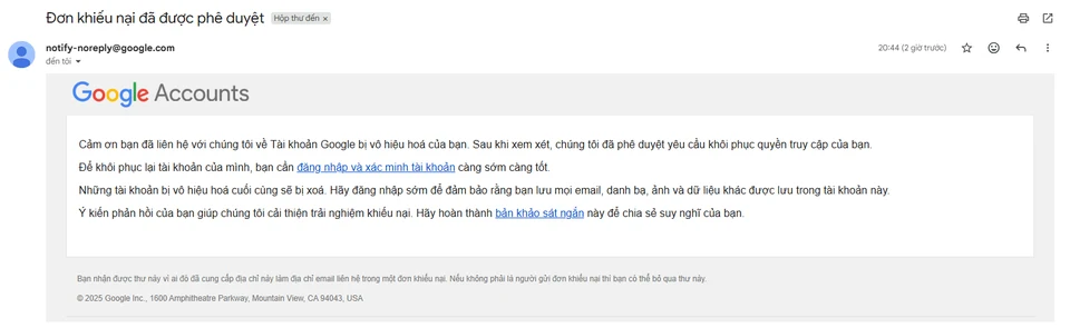 Tài Khoản Google Bị Vô Hiệu Hóa: Cách Kháng Nghị Lấy Lại (Kèm Kinh Nghiệm Thật) 3 Email của Google thông báo đơn khiếu nại đã được phê duyệt, yêu cầu đăng nhập và xác minh tài khoản càng sớm càng tốt