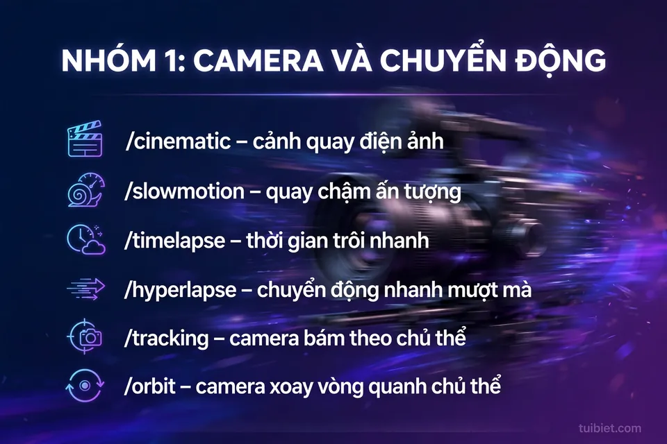 Infographic lệnh camera và chuyển động trong Google Flow