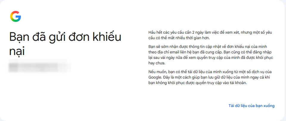 Tài Khoản Google Bị Vô Hiệu Hóa: Cách Kháng Nghị Lấy Lại (Kèm Kinh Nghiệm Thật) 2 Màn hình Google xác nhận đã gửi đơn khiếu nại tài khoản bị vô hiệu hóa, ghi rõ hầu hết yêu cầu cần 2 ngày làm việc để xem xét